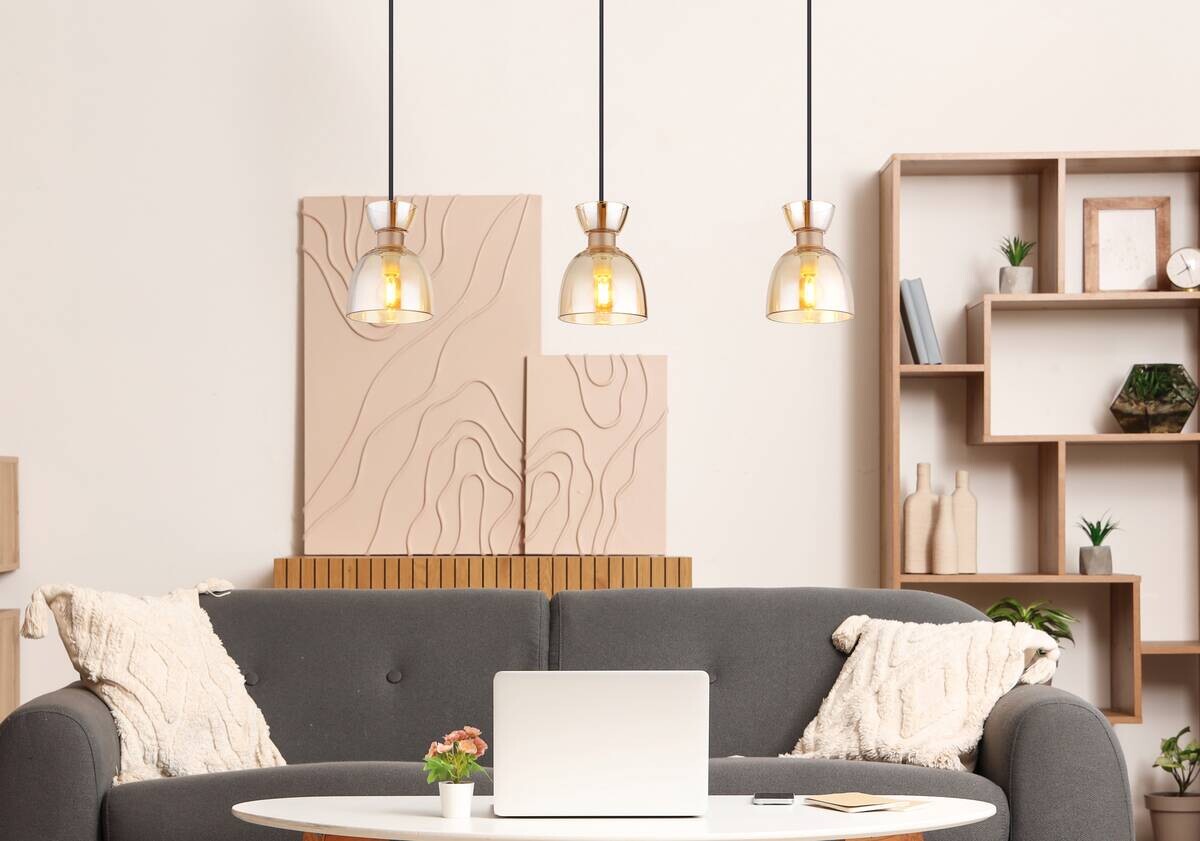 GLOBO Pendelleuchte schwarz amber kaffee Glas Metall B/H: ca. 65x120 cm E14 3 Brennstellen