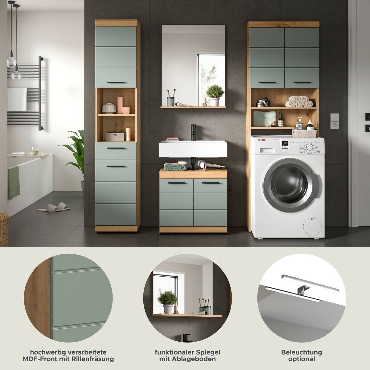 Badezimmer-Set Scout Eiche Artisan Nachbildung salbei Nachbildung B/H/T: ca. 190x191x34 cm