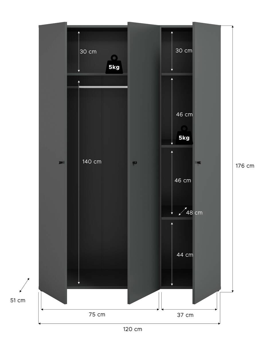 Kleiderschrank DARWIN anthrazit B/H/T: ca. 120x176x51 cm