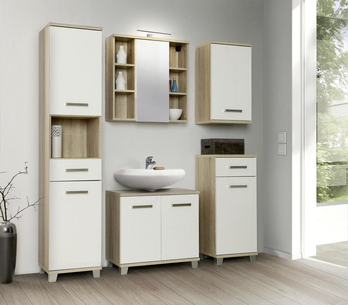 Waschbeckenunterschrank Eiche Sonoma Nachbildung weiß Hochglanz B/H/T: ca. 68,6x62x34,8 cm