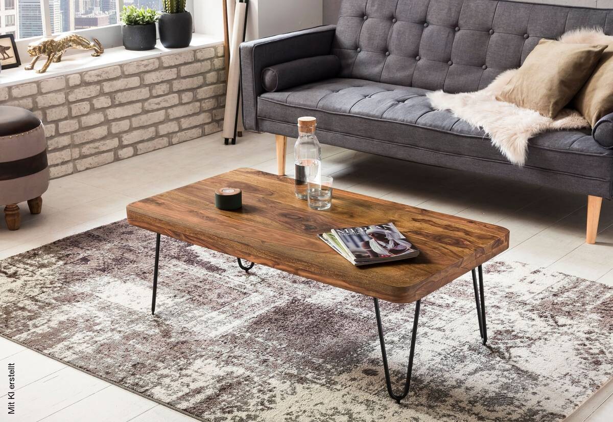Wohnling Couchtisch natur schwarz Echtholz Metall B/H/T: ca. 115x40x60 cm
