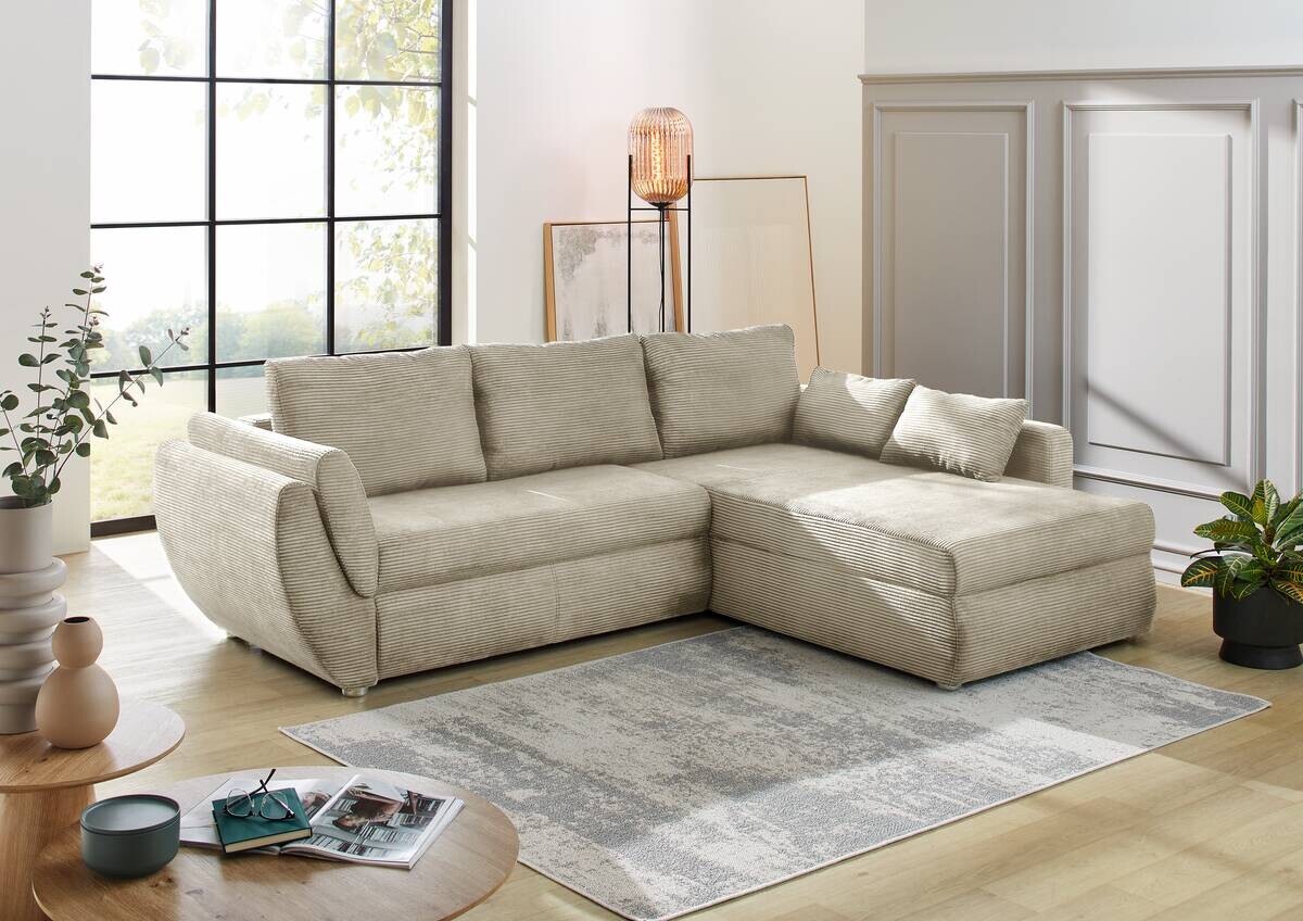 Ecksofa mit Bettfunktion und Bettkasten Greige Microfaser B/H/T: ca. 272x88x200 cm