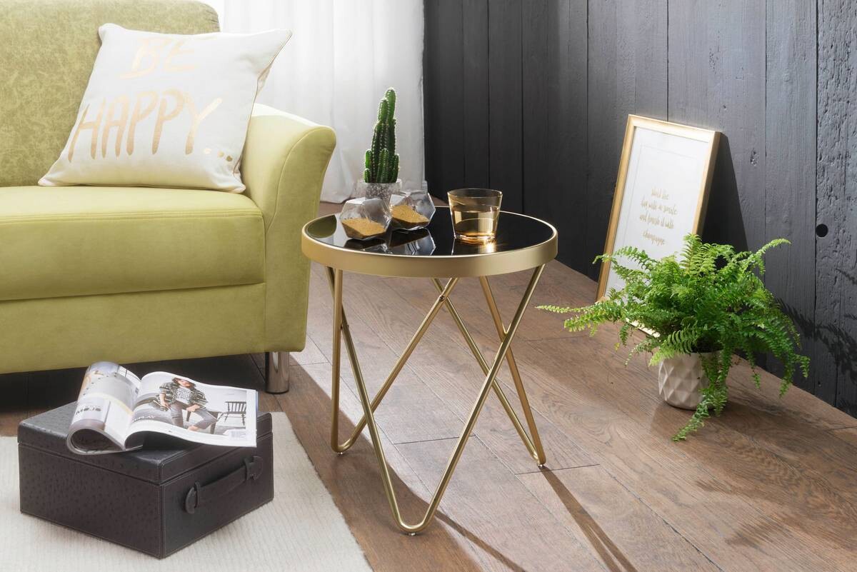 Beistelltisch schwarz gold Lack matt Glas Stahl B/H/T: ca. 42x46x42 cm