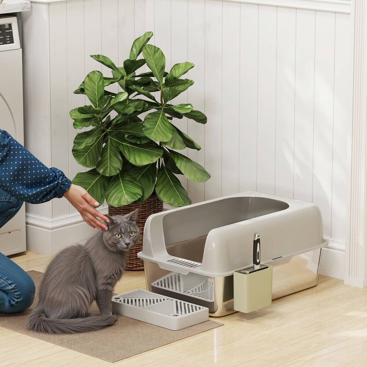 PawHut Katzentoilette hellgrau Edelstahl B/H/L: ca. 40,6x29x60,2 cm