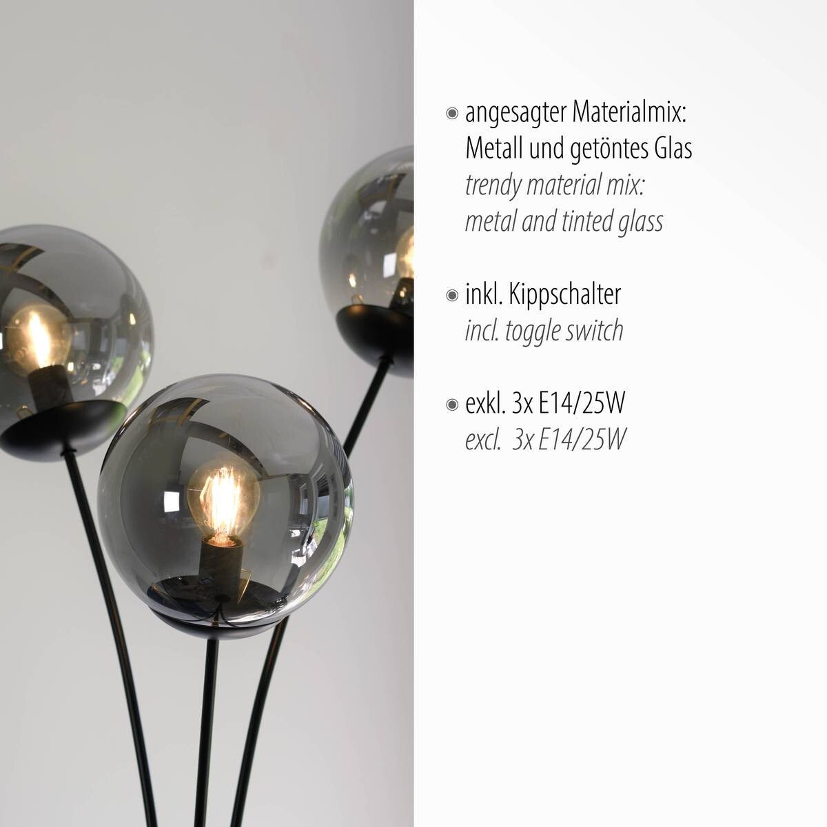 Just Light Stehlampe BIG WIDOW 14603-18 schwarz Rauchglas Metall B/H: ca. 35x185 cm E14 3 Brennstellen