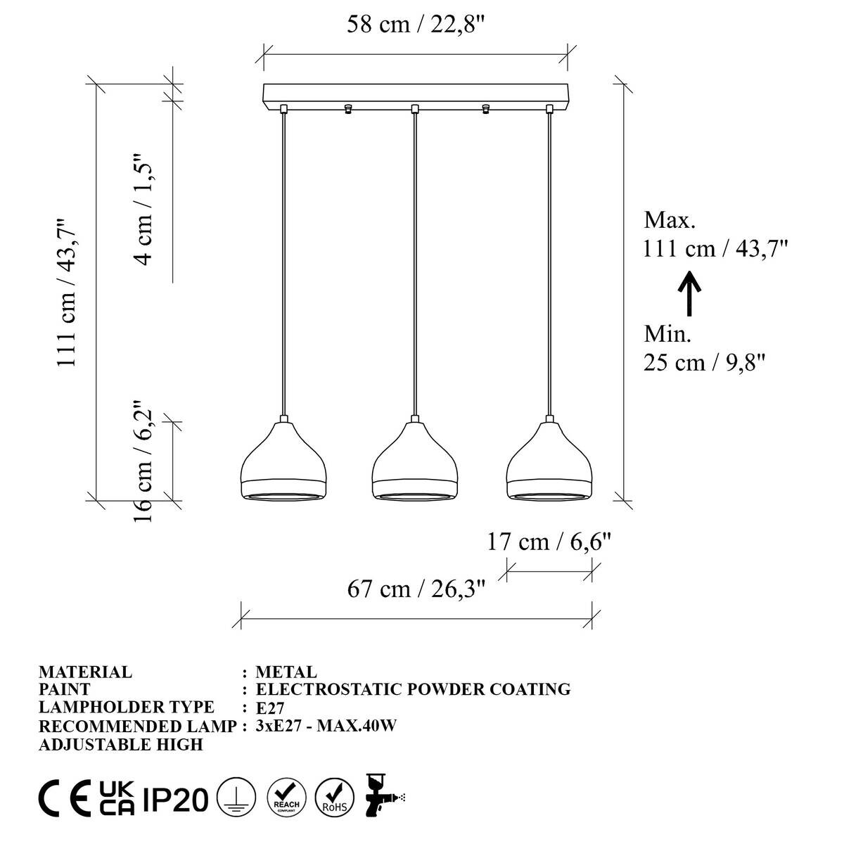 Opviq Pendelleuchte Yldo weiß B/H/T/L: ca. 67x111x17x67 cm E27 3 Brennstellen