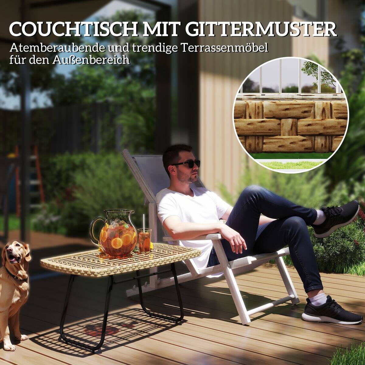 Outsunny Rattan-Gartentisch Holzoptik Stahl B/H/L: ca. 50x45x90 cm