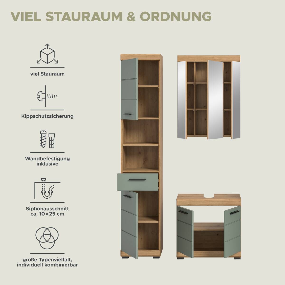 Badezimmer-Set Scout Eiche Artisan Nachbildung salbei Nachbildung B/H/T: ca. 112x191x34 cm