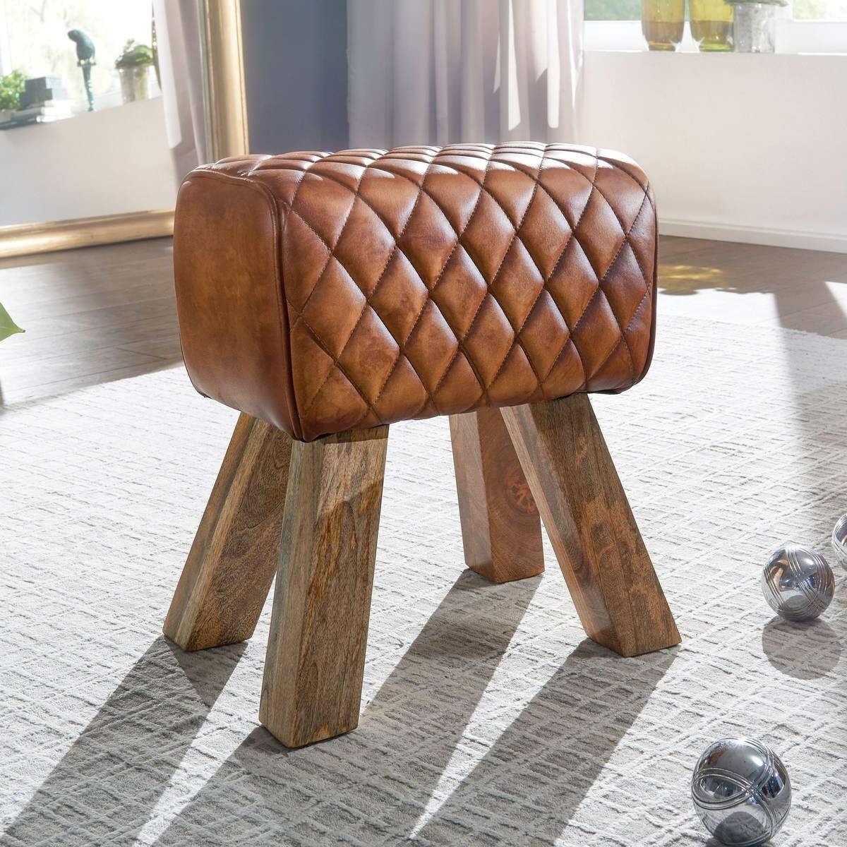 Wohnling Sitzbank braun natur Leder Echtholz B/H/T: ca. 40x40x27 cm