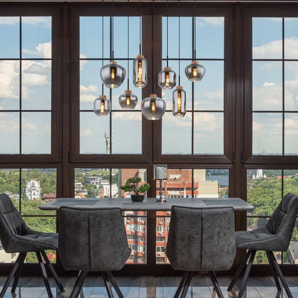 GLOBO Pendelleuchte schwarz natur Metall Hanfseil B/H/T: ca. 40x120x105 cm E27 8 Brennstellen