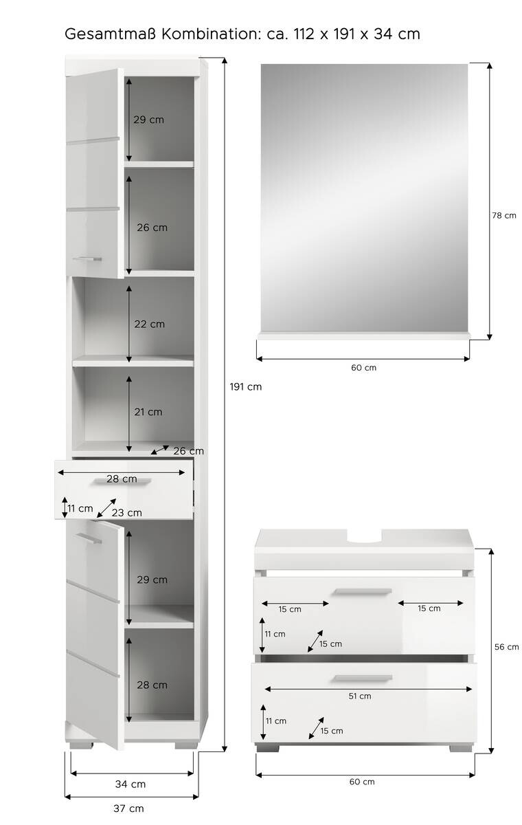 Badezimmer-Set Scout weiß weiß Hochglanz B/H/T: ca. 112x191x37 cm