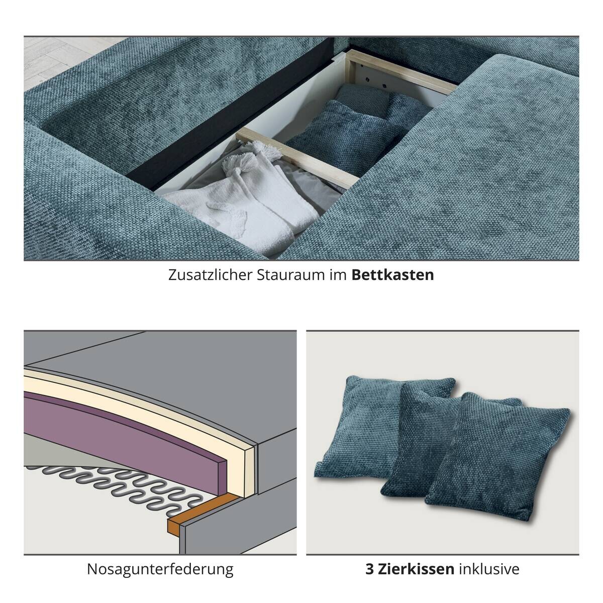 Ecksofa mit Bettfunktion und Bettkasten dunkelblau Microfaser B/H/T: ca. 252x89x195 cm