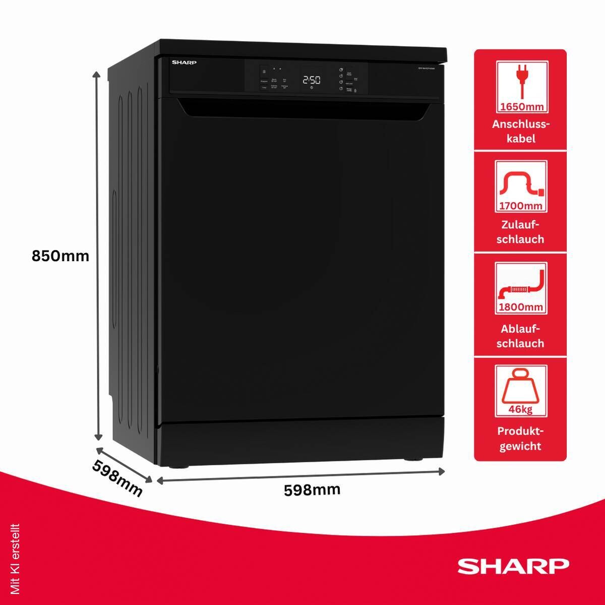 Sharp Geschirrspüler QW-NA1CF47DB-DE EEK: D Spektrum: A bis G 13 Gedecke schwarz B/H/T: ca. 60x85x60 cm