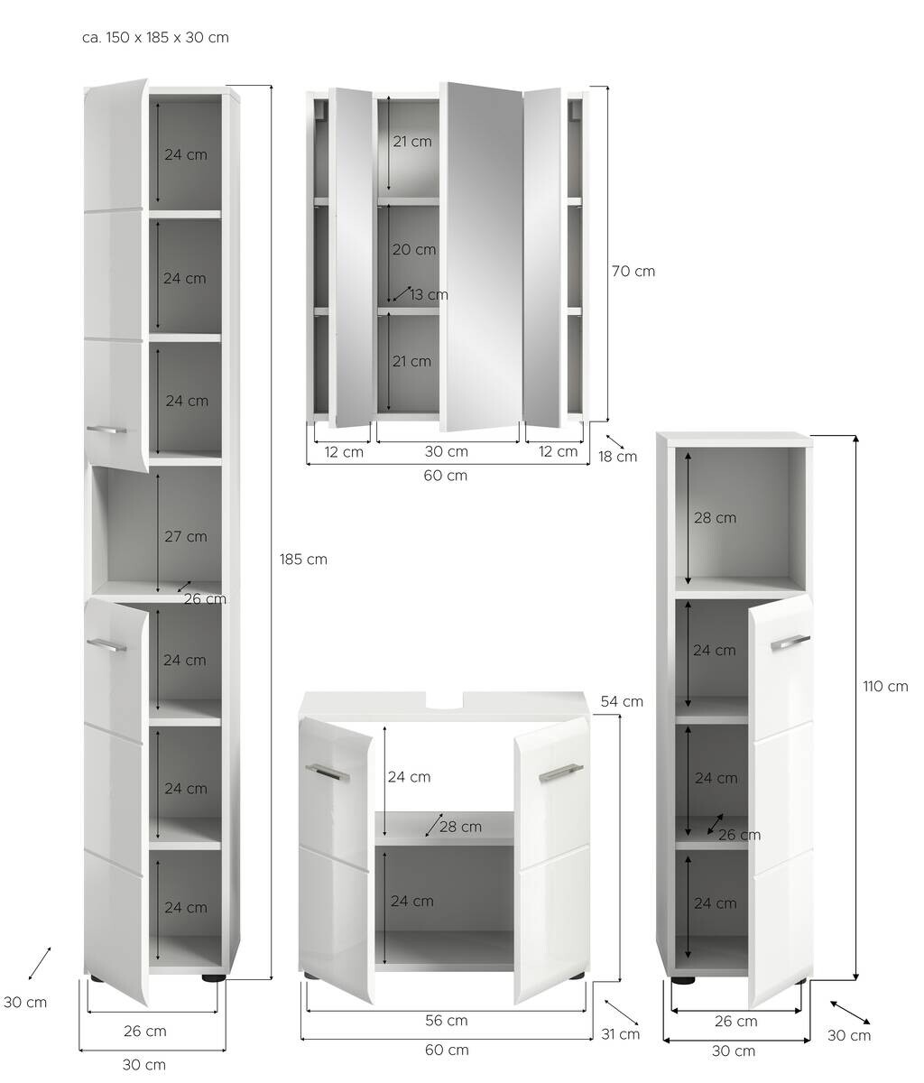 Badezimmer-Set Ice weiß weiß Hochglanz B/H/T: ca. 150x185x30 cm