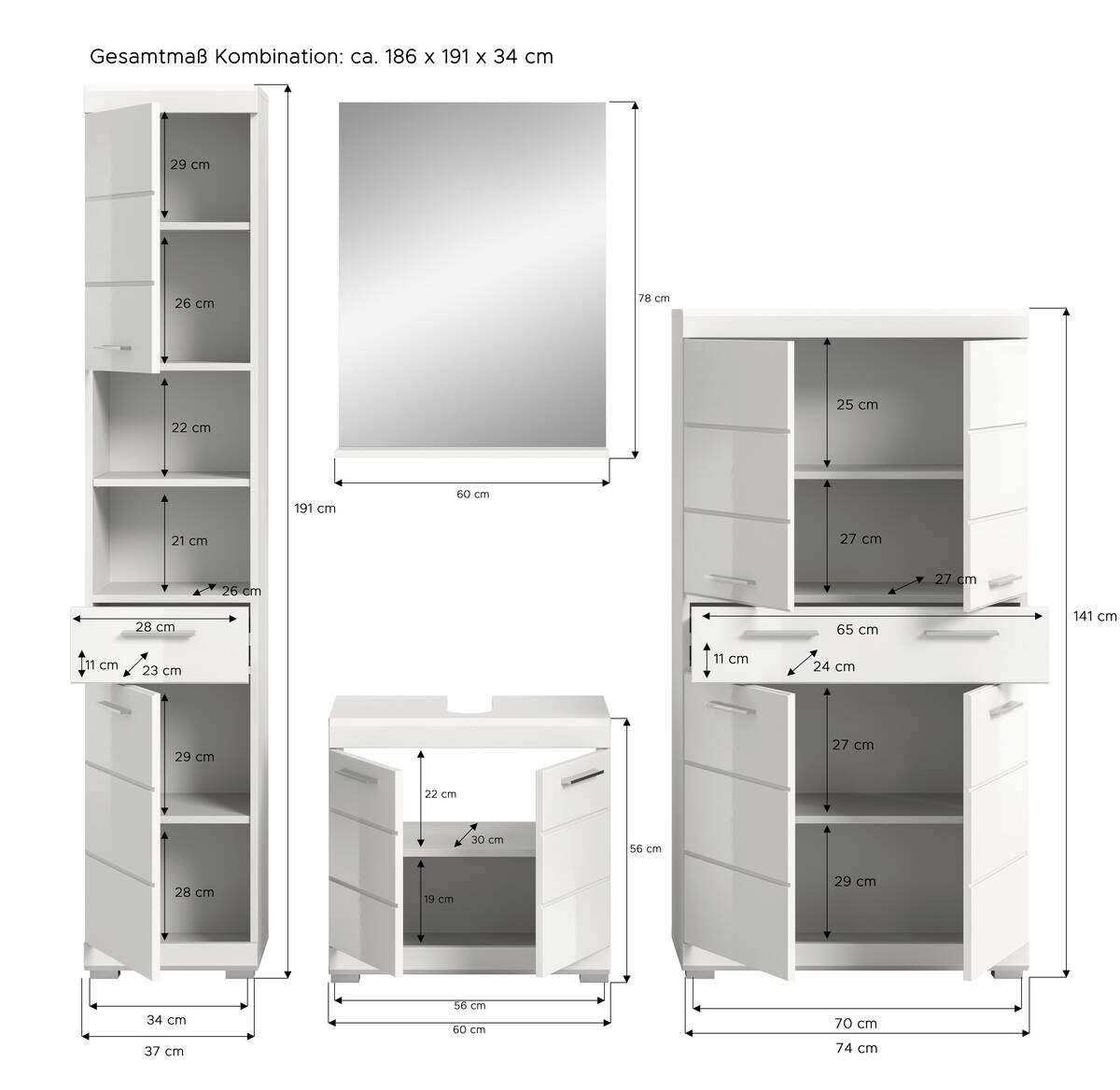 Badezimmer-Set Scout weiß weiß Hochglanz B/H/T: ca. 186x191x34 cm