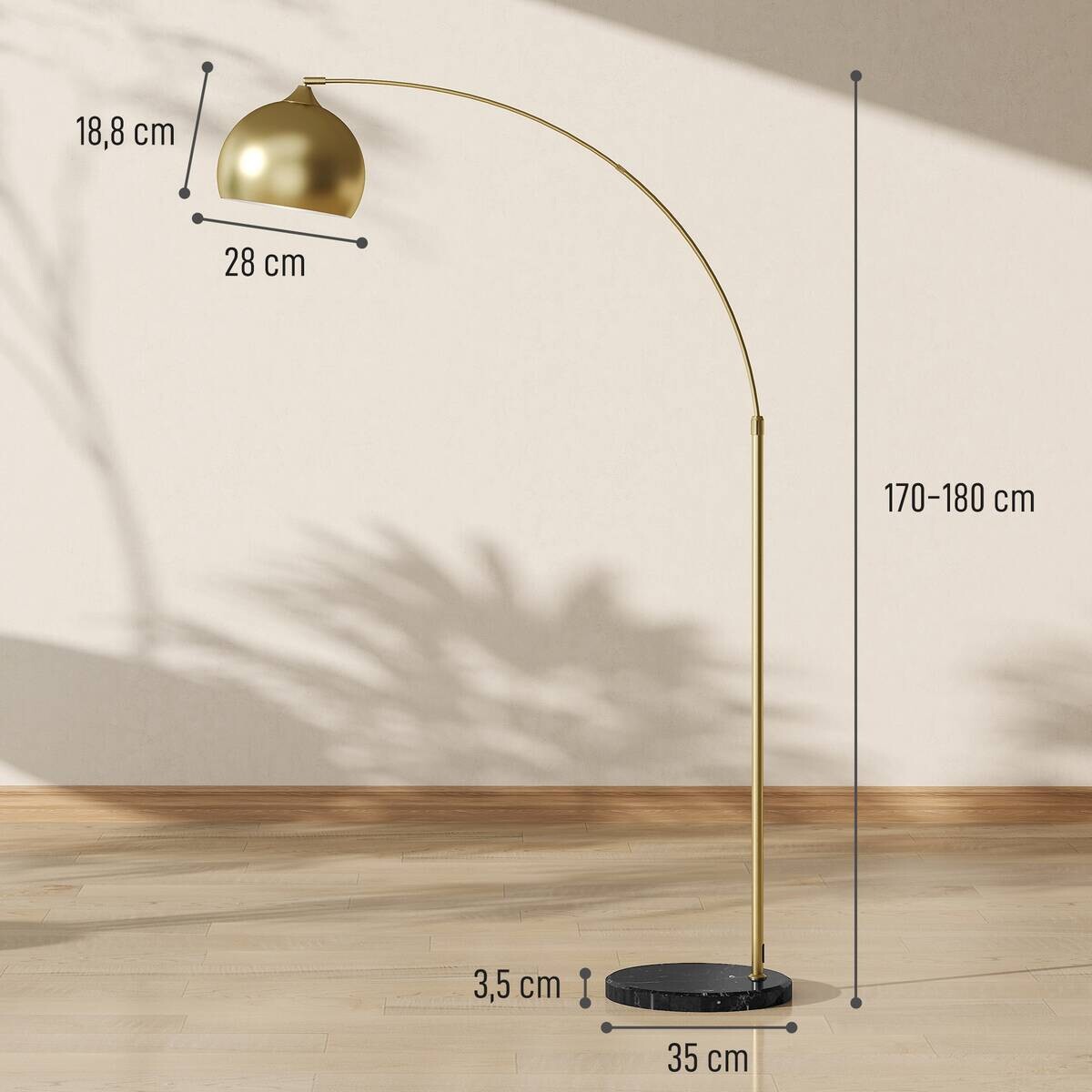 HOMCOM Stehleuchte gold Metall B/H/L: ca. 30x180x115 cm E27 1 Brennstellen
