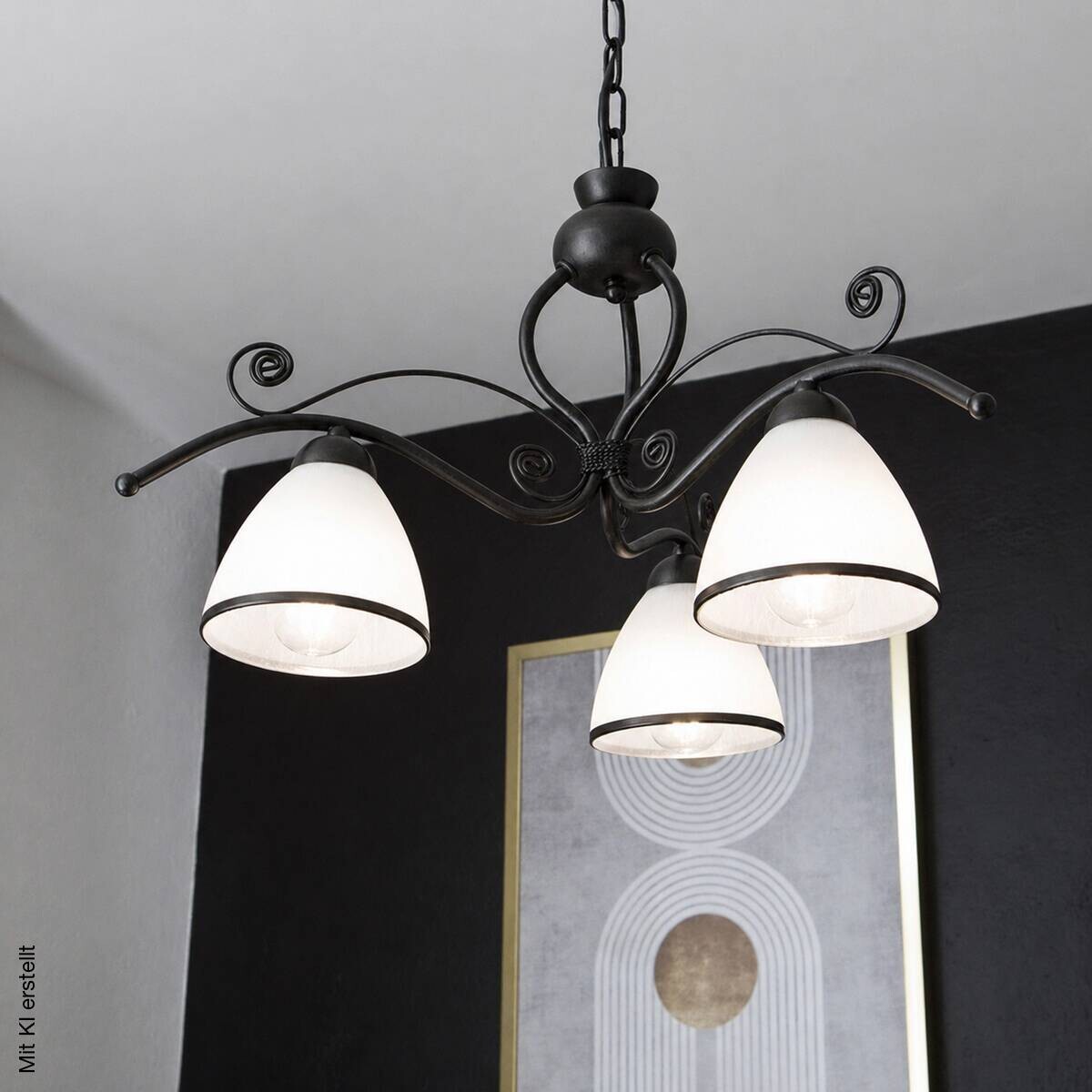 Lamkur Pendelleuchte beige weiß Stahl Glas B/H/L: ca. 41x73x41 cm E27 3 Brennstellen