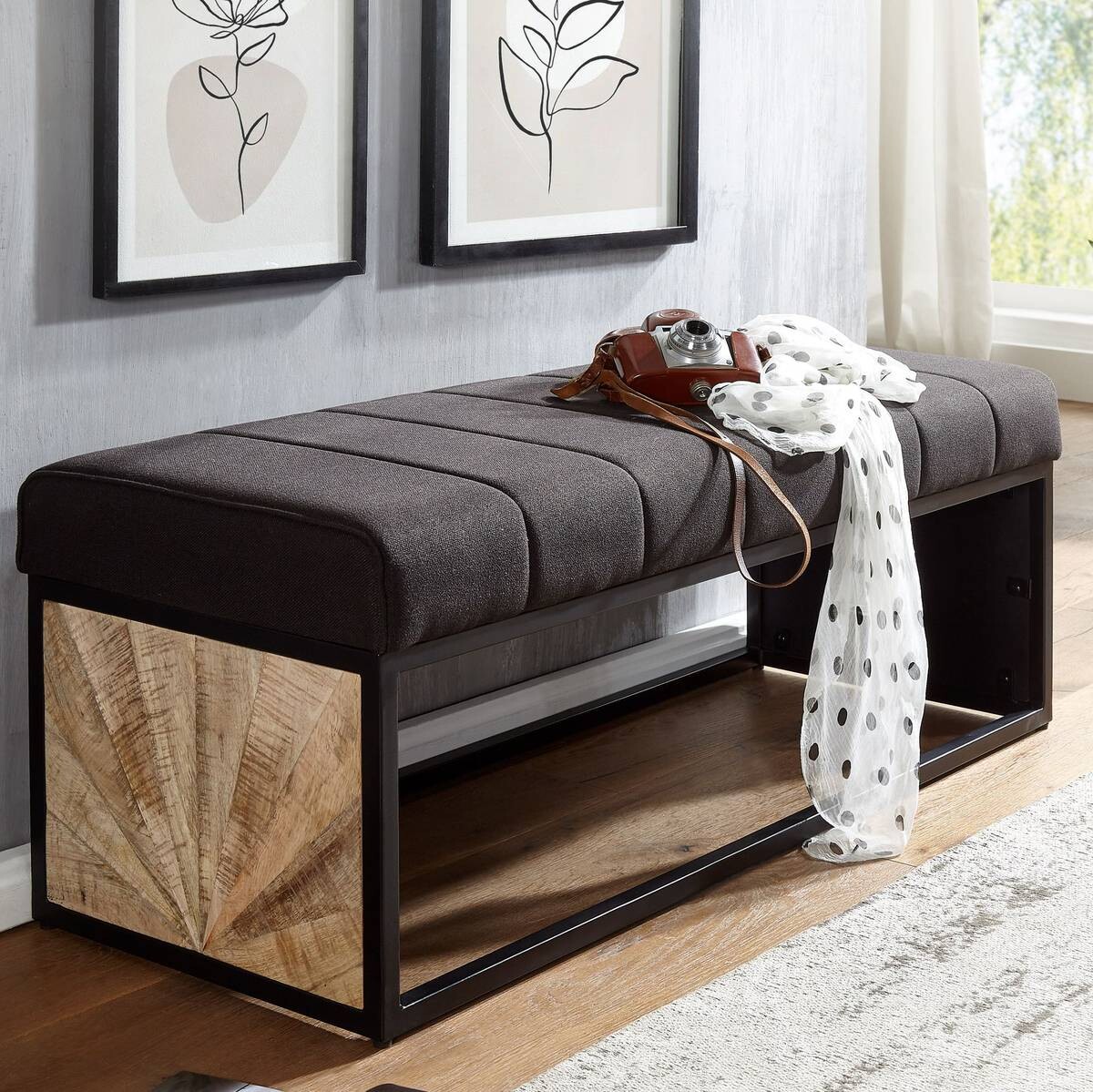 Wohnling Sitzbank dunkelbraun schwarz natur Stoff Eisen Echtholz B/H/T: ca. 105x40x40 cm