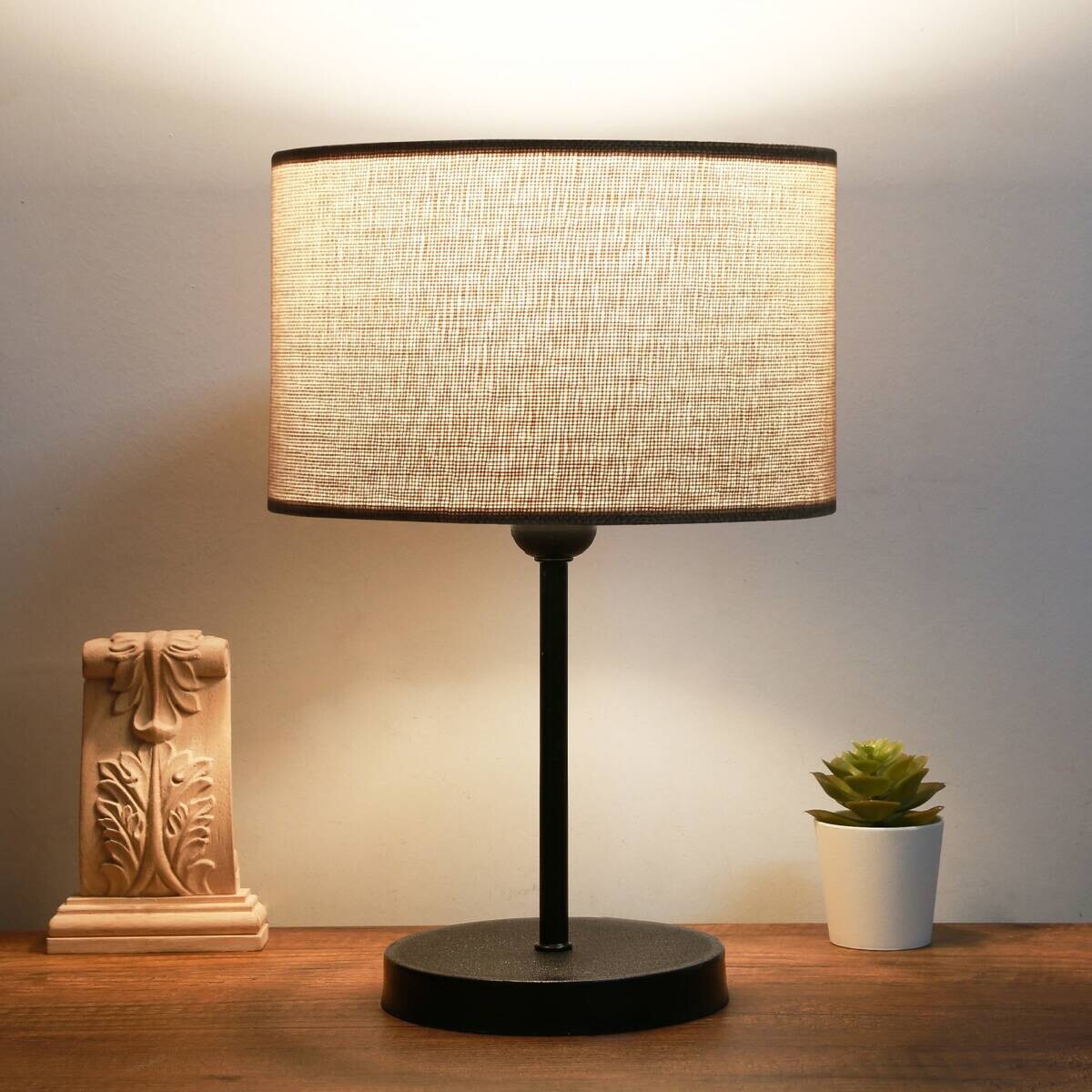 Opviq Tischleuchte schwarz beige Stoff Metall B/H/L: ca. 24x37x24 cm E27 1 Brennstellen