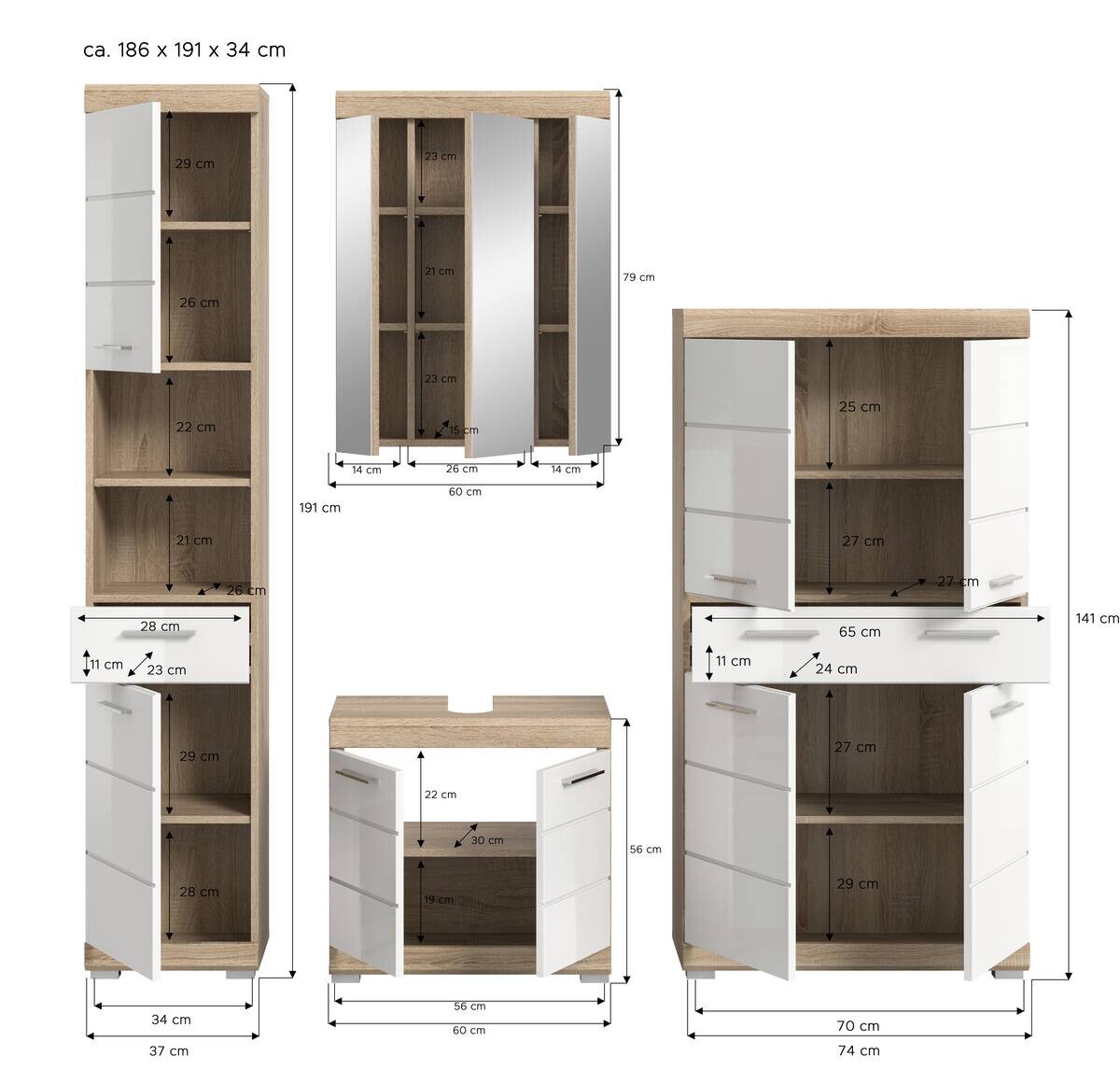 Badezimmer-Set Lambada Eiche Sonoma Nachbildung weiß Hochglanz B/H/T: ca. 186x191x34 cm