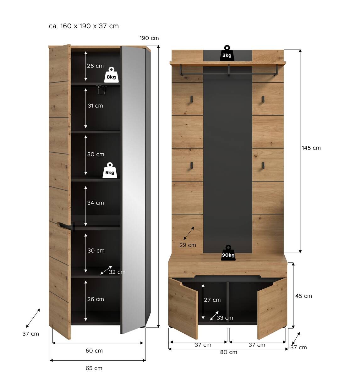Garderobe Canu basaltgrau Nachbildung Artisan Nachbildung B/H/T: ca. 160x190x37 cm