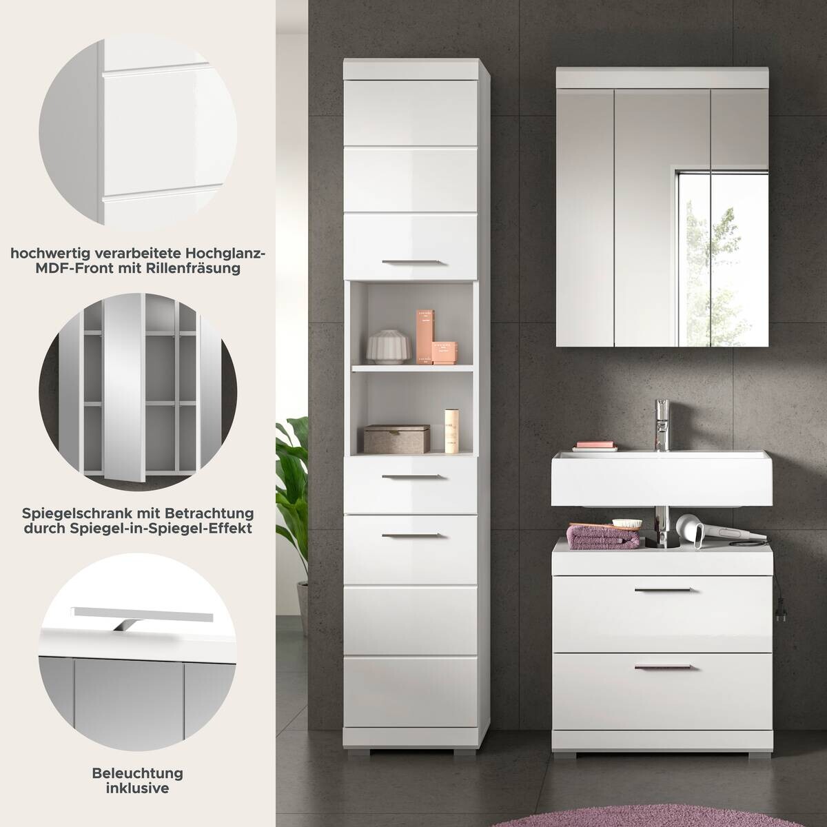 Badezimmer-Set Scout weiß weiß Hochglanz B/H/T: ca. 112x191x34 cm