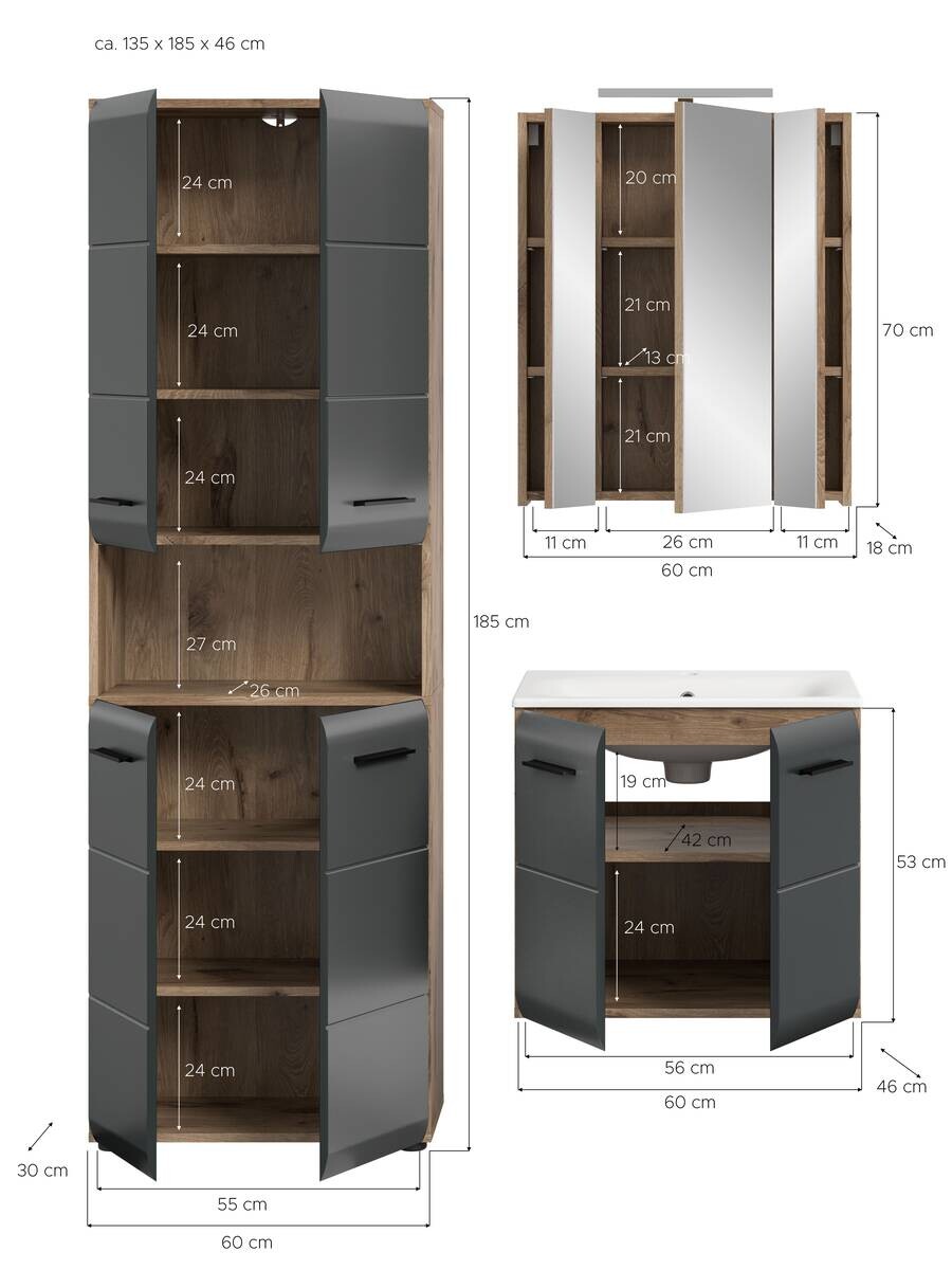 Badezimmer-Set Ice Nox Oak Nachbildung schwarz matt B/H/T: ca. 135x185x46 cm