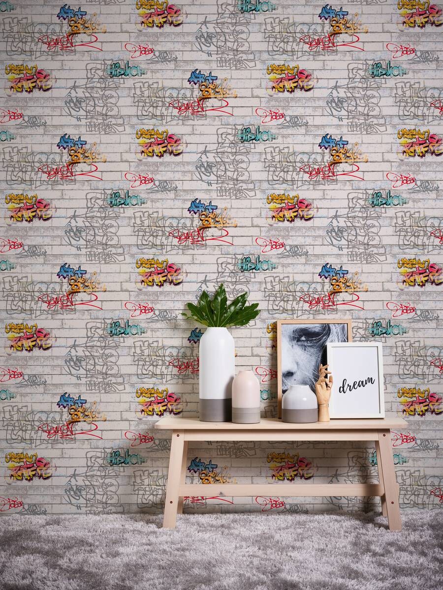 Papiertapete Graffiti weiß bunt B/L: ca. 53x1005 cm