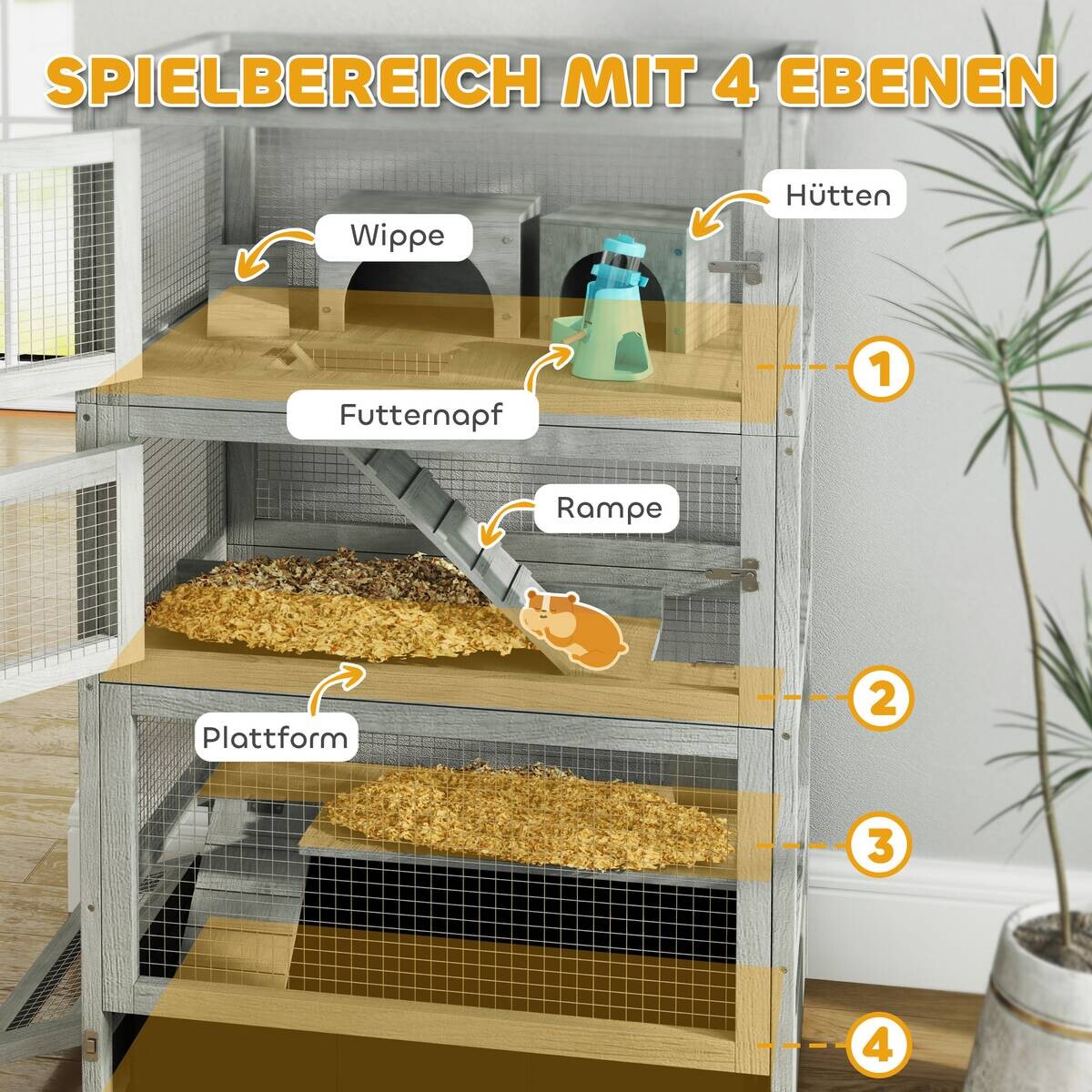 PawHut Zwerghamsterkäfig grau Holz B/H/L: ca. 45x109x65 cm