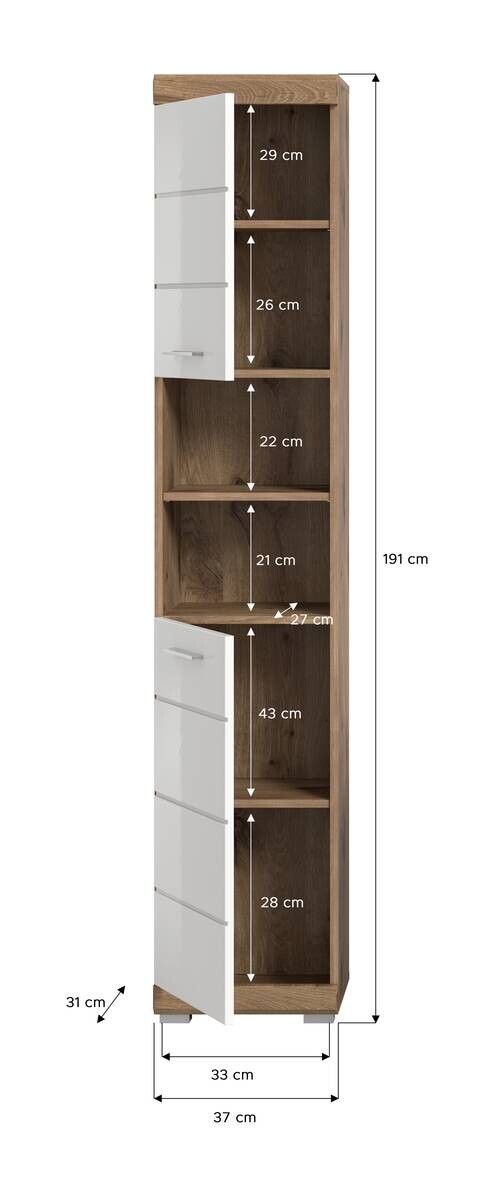 Hochschrank Wave Oak Nachbildung weiß Hochglanz B/H/T: ca. 37x191x31 cm
