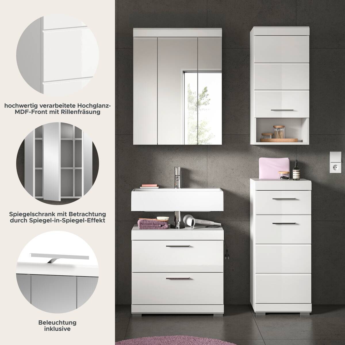 Badezimmer-Set Scout weiß weiß Hochglanz B/H/T: ca. 112x191x34 cm