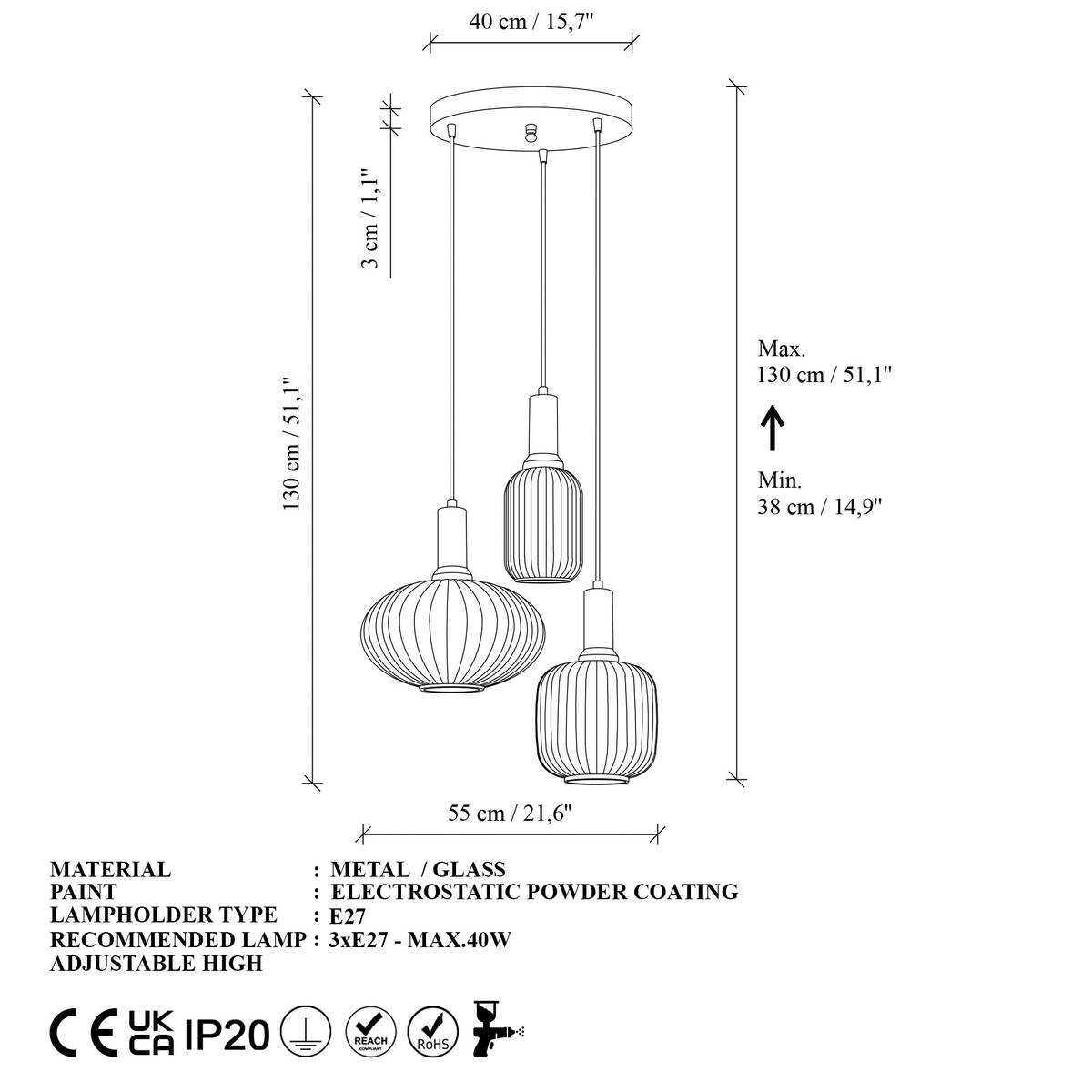 Opviq Pendelleuchte Asker-15201 gold Glas Metall B/H/T/L/D: ca. 55x130x55x55x55 cm E27 3 Brennstellen
