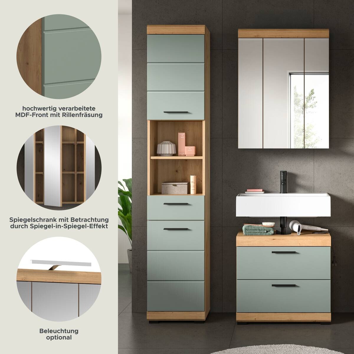 Badezimmer-Set Scout Eiche Artisan Nachbildung salbei Nachbildung B/H/T: ca. 112x191x37 cm