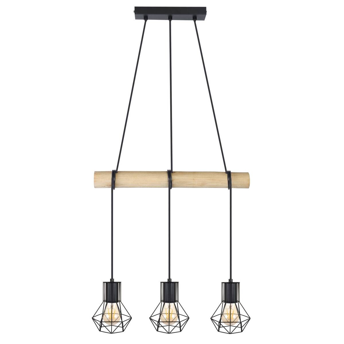 POCOline Pendelleuchte Minetta schwarz natur Metall Holz B/H/T: ca. 50x140x13 cm E27 3 Brennstellen
