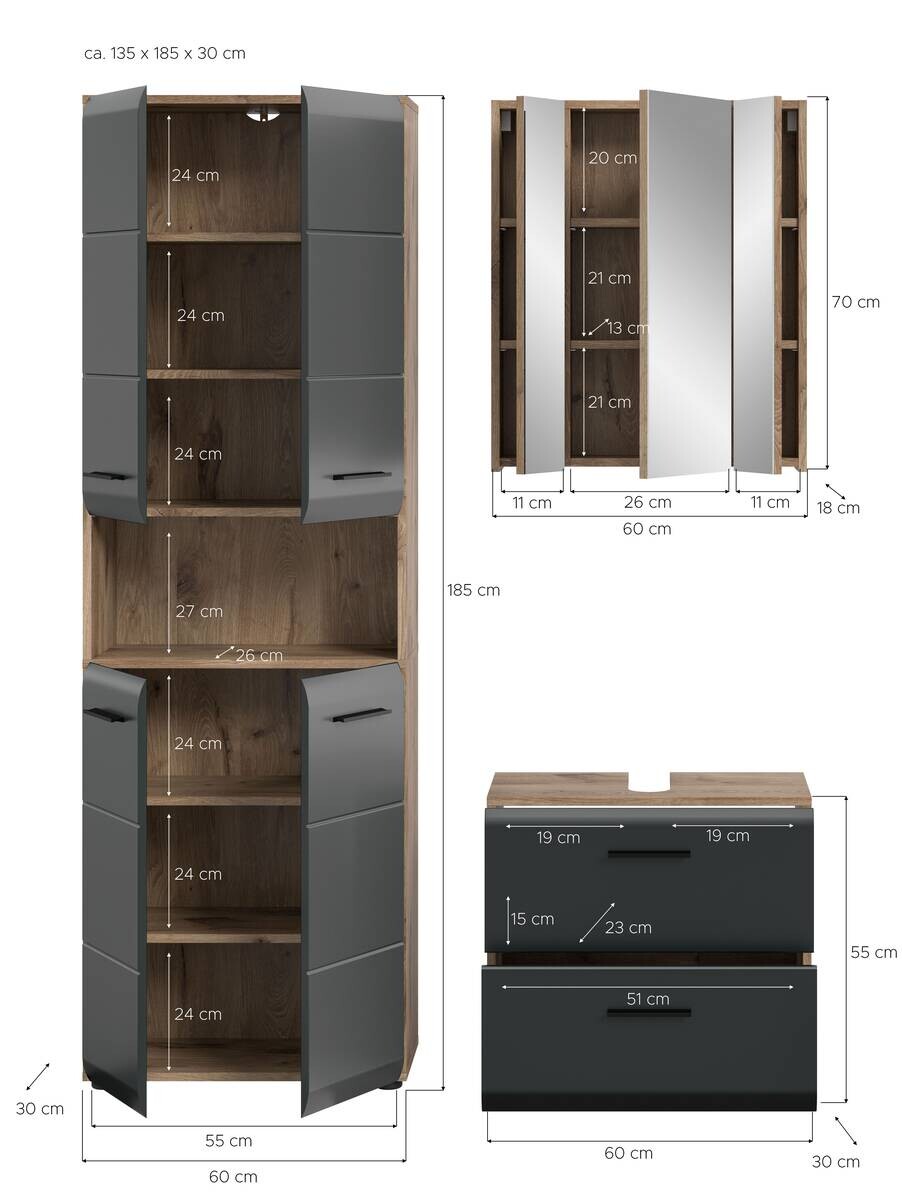 Badezimmer-Set Ice Nox Oak Nachbildung schwarz matt B/H/T: ca. 135x185x30 cm