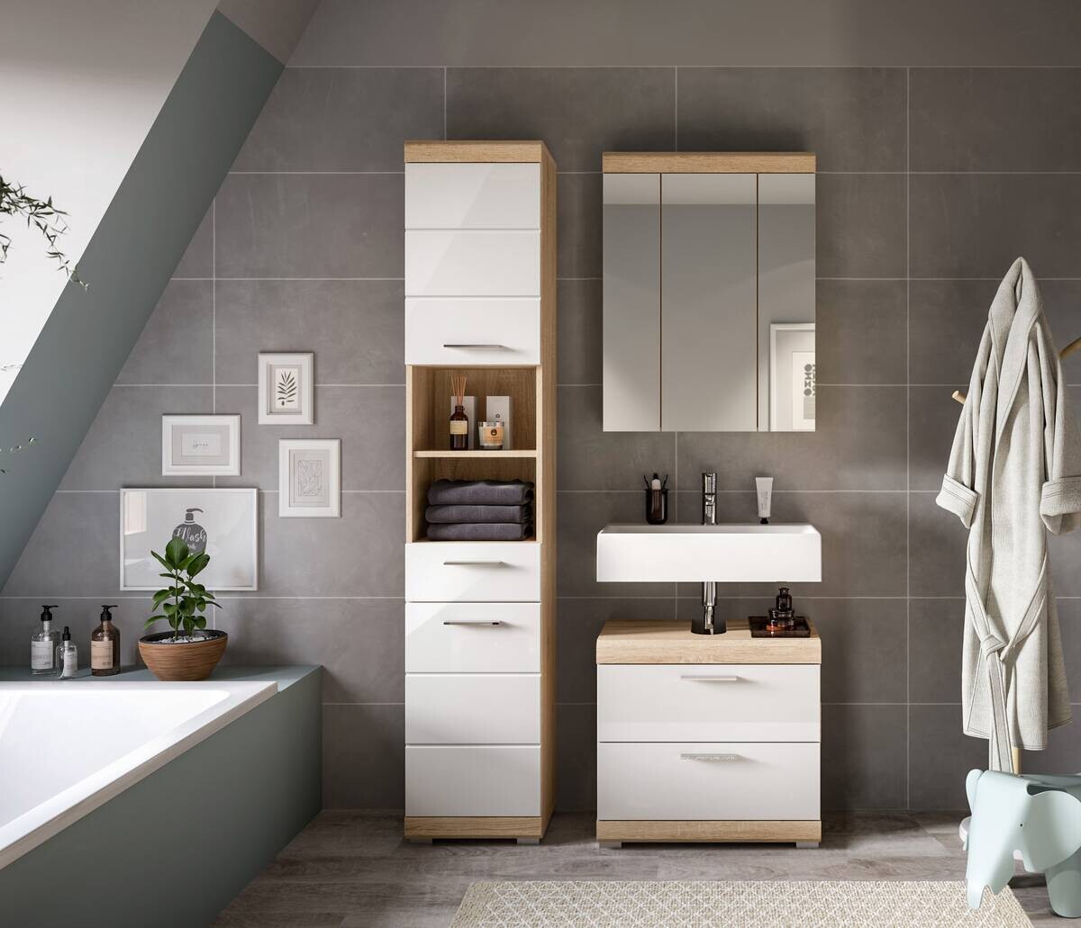 Badezimmer-Set Lambada Eiche Sonoma Nachbildung weiß Hochglanz B/H/T: ca. 112x191x37 cm