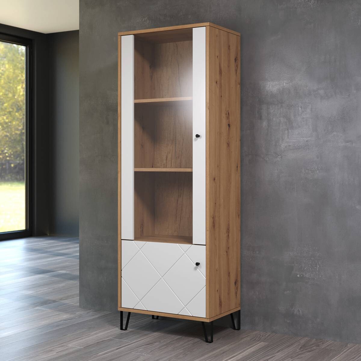 Vitrine Touch weiß matt Eiche Artisan Nachbildung B/H/T: ca. 63x172x40 cm