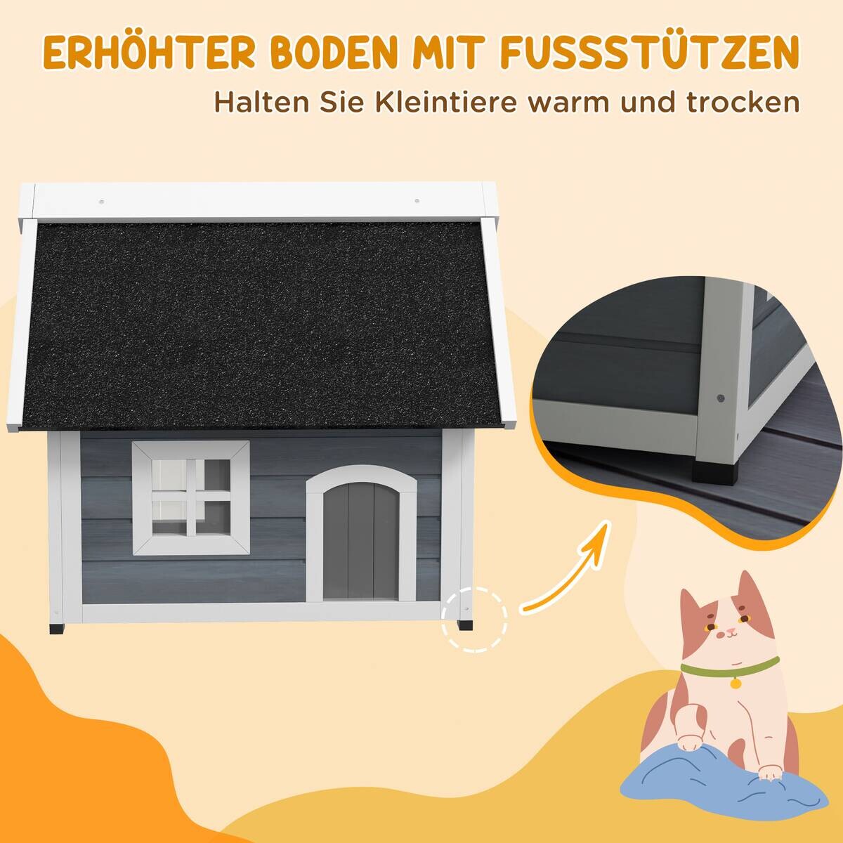 PawHut Katzenhaus grau Holz B/H/L: ca. 57,5x68x77 cm