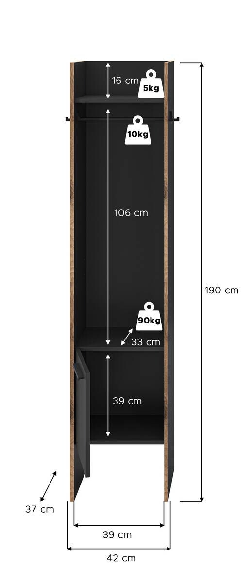 Garderobenschrank Bueno Basalt Nox Oak Nachbildung B/H/T: ca. 42x189x37 cm