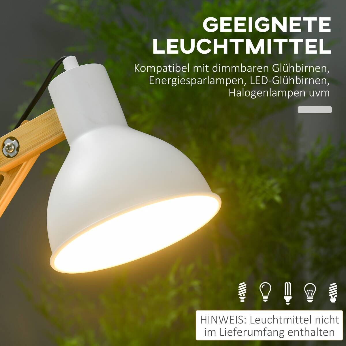 HOMCOM Schreibtischleuchte weiß Edelstahl Polypropylen Bambus B/H/L: ca. 15,5x36x50 cm E27 1 Brennstellen