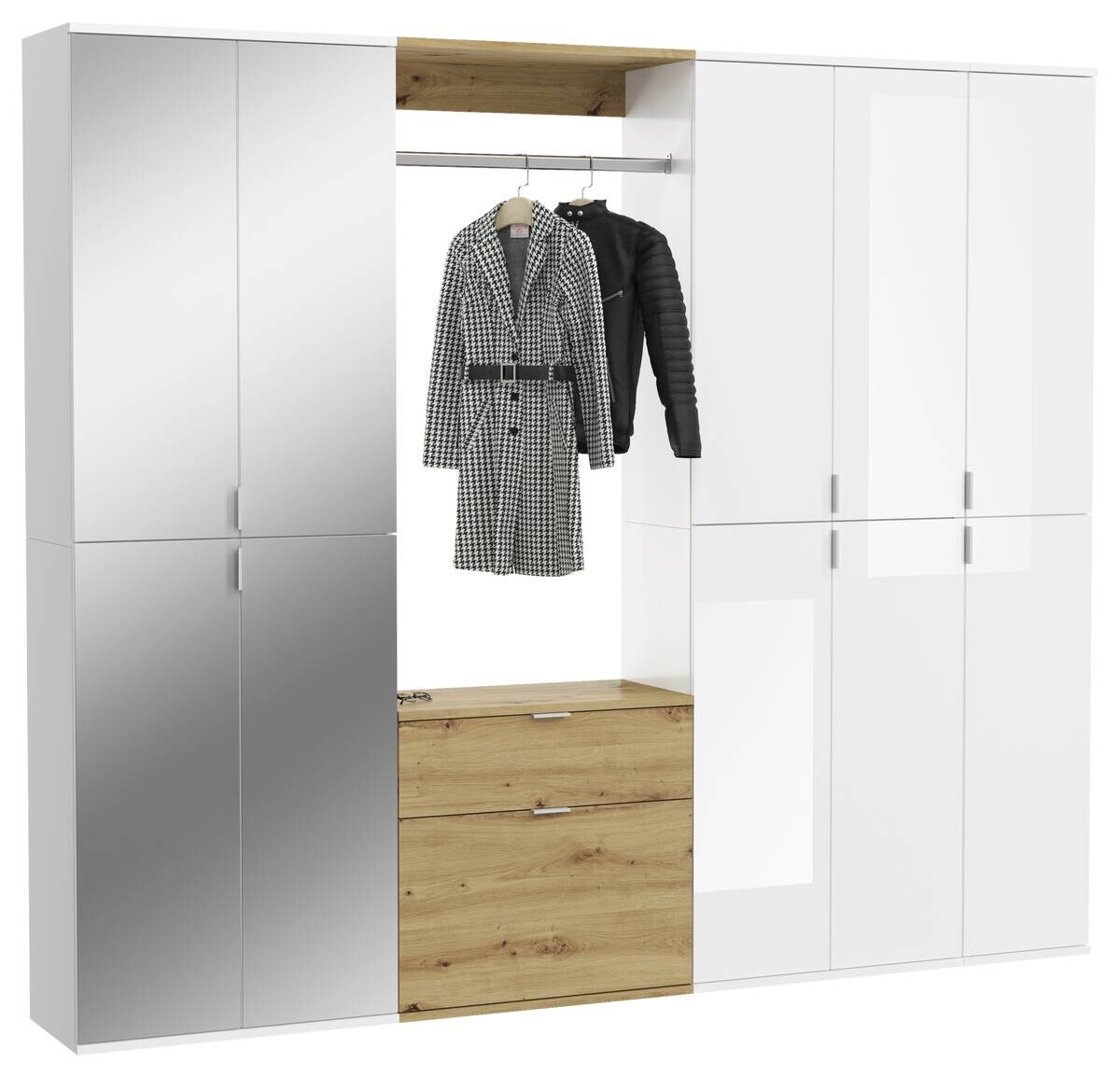Garderobe PROJEKT Eiche Artisan Nachbildung weiß Hochglanz Spiegel B/H/T: ca. 213x193x34 cm
