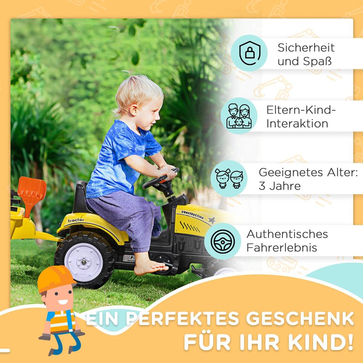 HOMCOM Kinder-Fahrzeug gelb B/H/L: ca. 42x133x51 cm