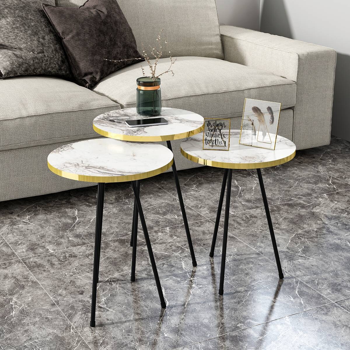 Beistelltisch 3er-Set. 21786245 weiß Marmor Optik schwarz Metall B/H/T: ca. 38x53,5x38 cm