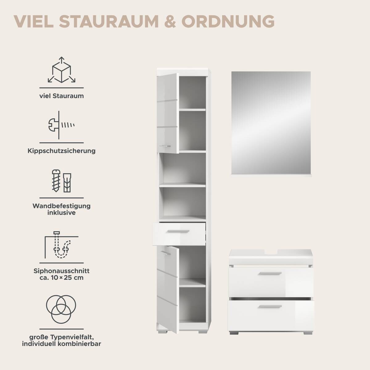Badezimmer-Set Scout weiß weiß Hochglanz B/H/T: ca. 112x191x37 cm