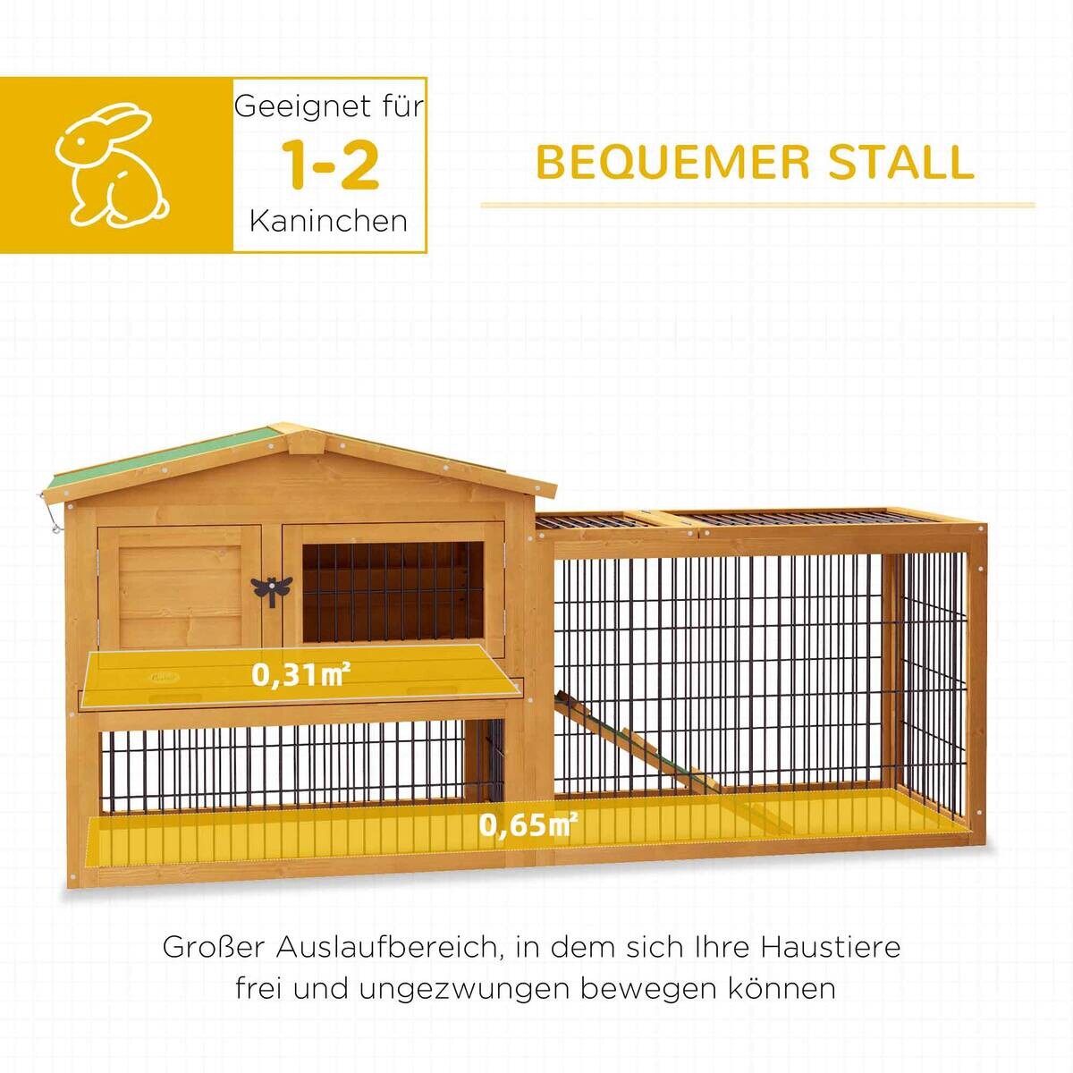 PawHut Kaninchenstall gelb Holz B/H/L: ca. 52x68x150 cm