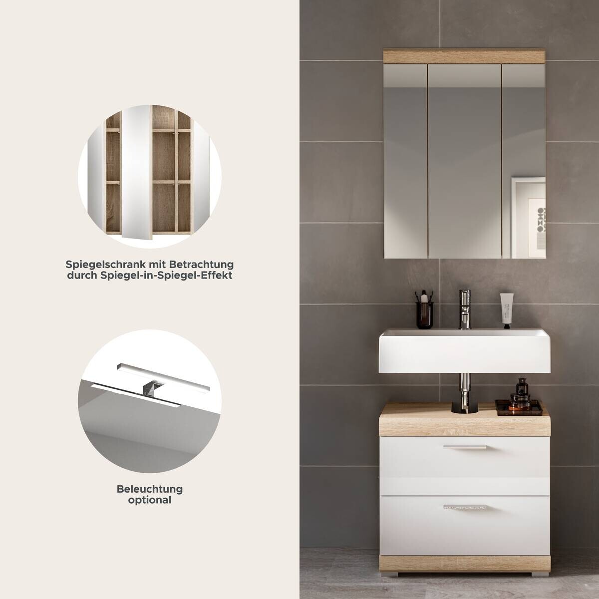 Badezimmer-Set Lambada Eiche Sonoma Nachbildung weiß Hochglanz B/H/T: ca. 60x191x37 cm