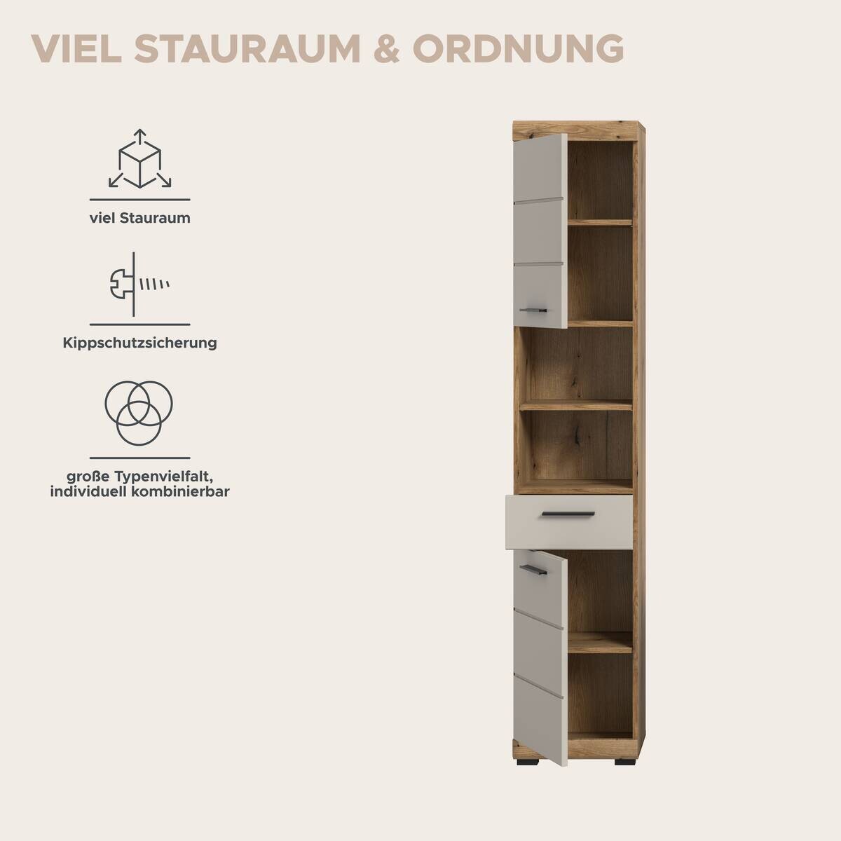 Badhochschrank Scout Evoke Oak Nachbildung Kaschmirgrau Nachbildung B/H/T: ca. 37x191x31 cm