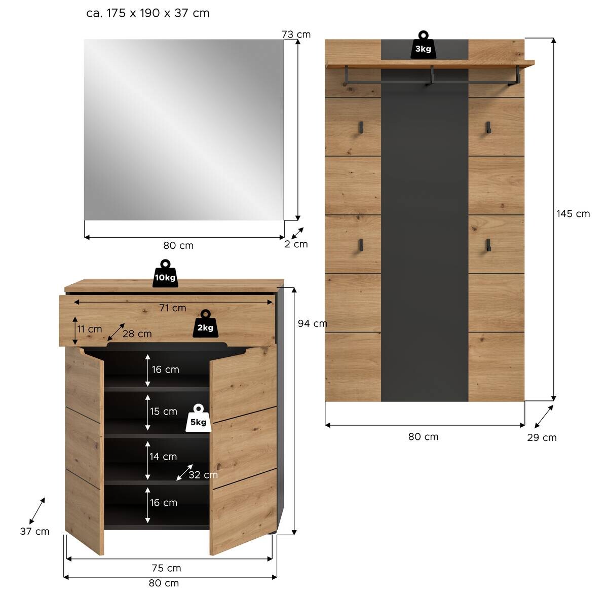 Garderobe Canu basaltgrau Nachbildung Artisan Nachbildung B/H/T: ca. 175x190x37 cm