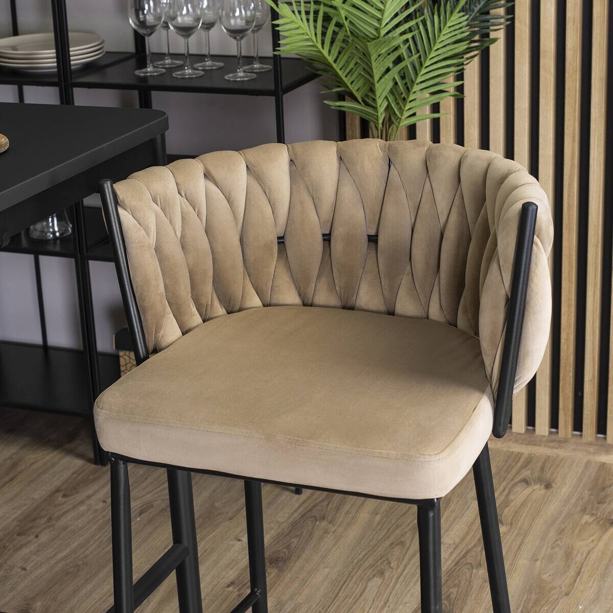 Barhocker FLORES beige Velourstoff B/H/T: ca. 60x104,5x56 cm