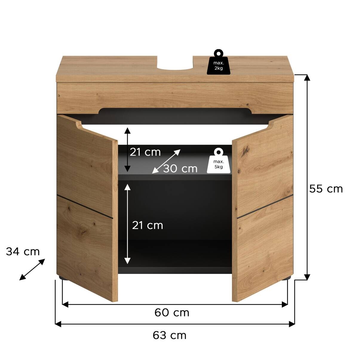 Waschbeckenunterschrank Canu Basalt Eiche Artisan Nachbildung B/H/T: ca. 63x55x34 cm
